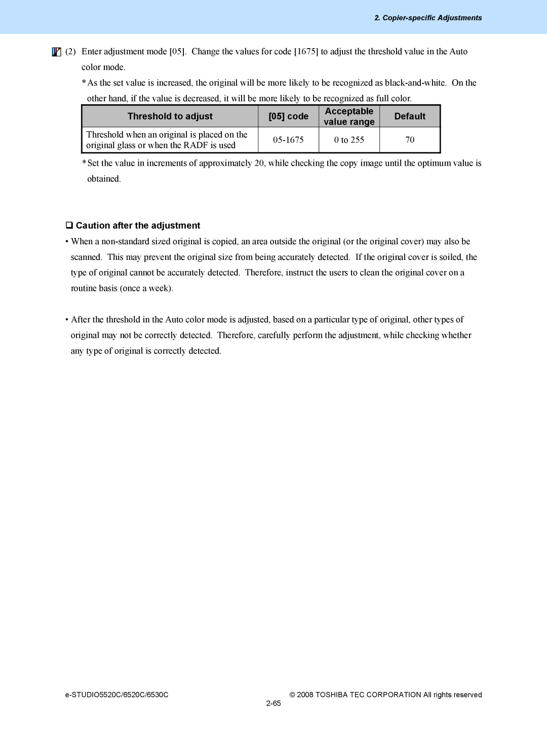 Toshiba 5520c, 6520c manual Threshold to adjust Code Acceptable, Default 