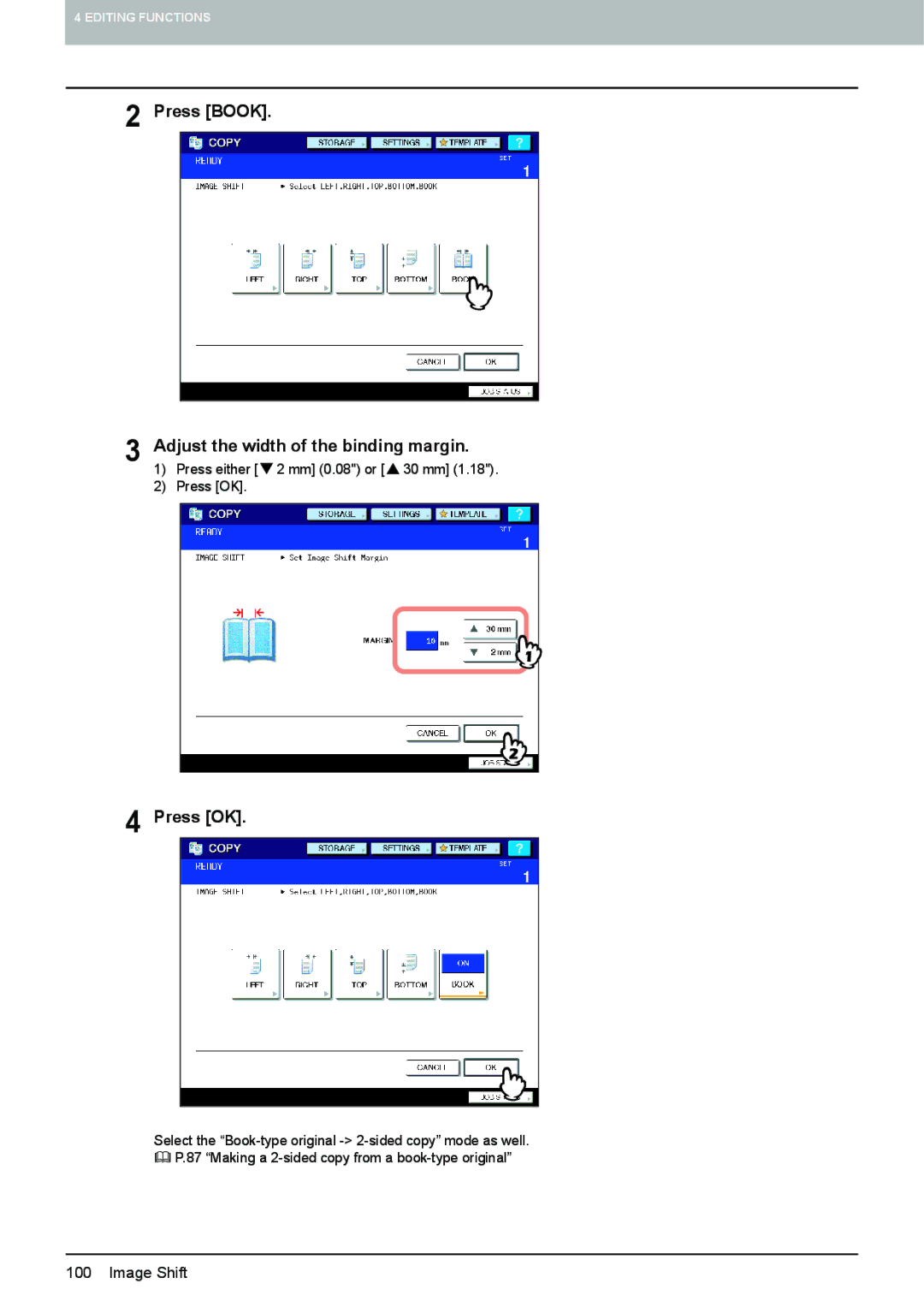 Toshiba 6520c, e-STUDIO5520C manual Press Book Adjust the width of the binding margin, Press OK 