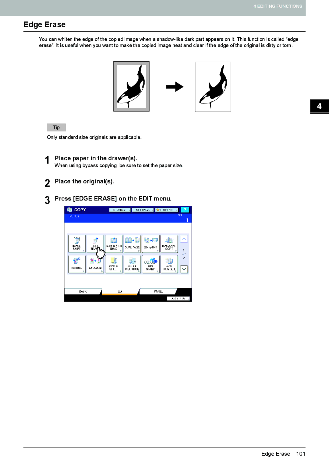 Toshiba e-STUDIO5520C, 6520c manual Place the originals Press Edge Erase on the Edit menu 