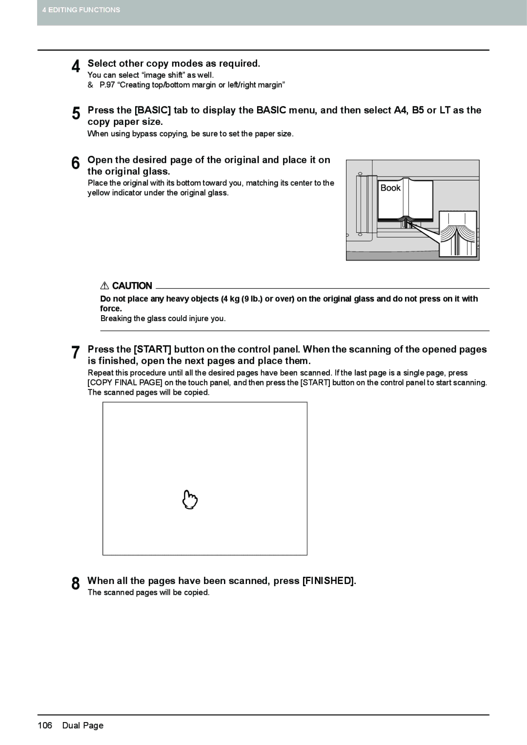 Toshiba 6520c, e-STUDIO5520C Is finished, open the next pages and place them, Force, Breaking the glass could injure you 