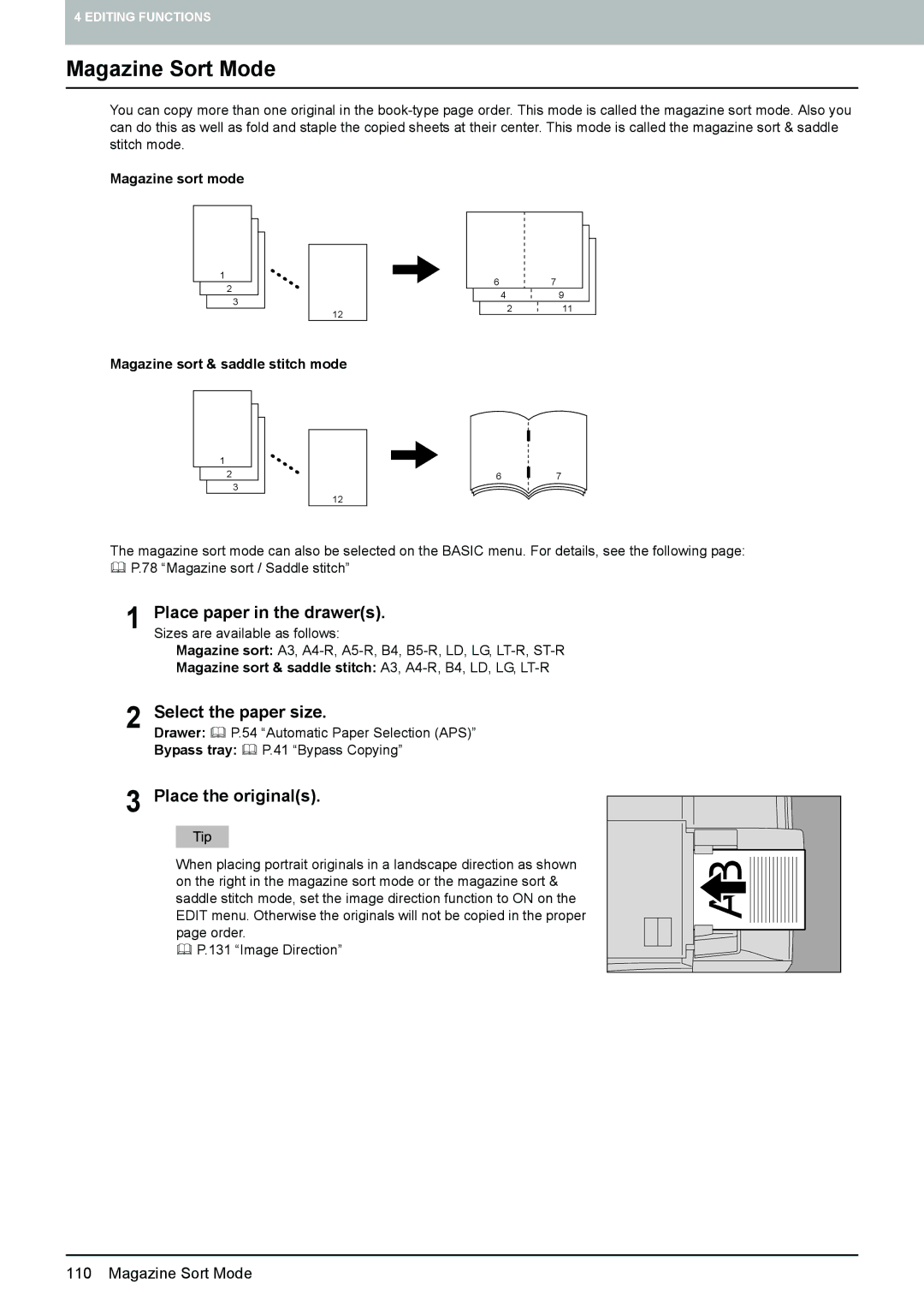 Toshiba 6520c manual Magazine Sort Mode, Select the paper size, Magazine sort mode Magazine sort & saddle stitch mode 