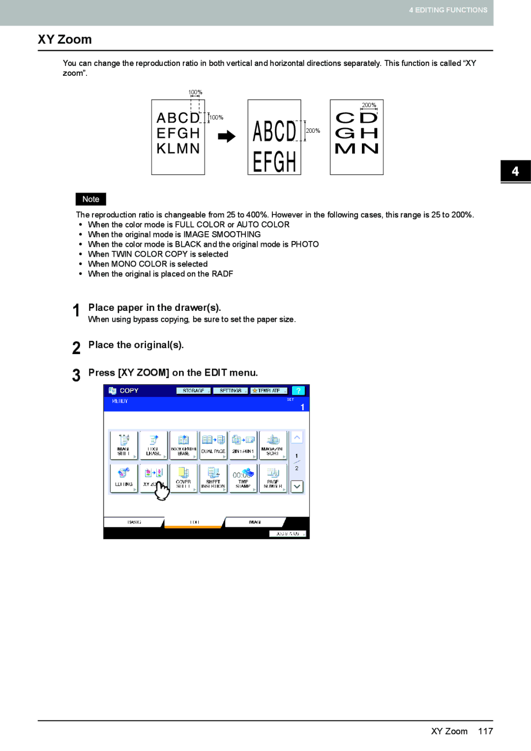 Toshiba e-STUDIO5520C, 6520c manual Place the originals Press XY Zoom on the Edit menu 