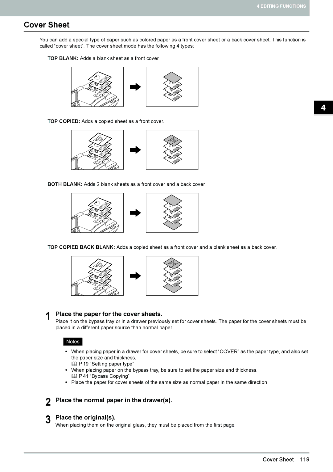 Toshiba e-STUDIO5520C, 6520c manual Cover Sheet, Place the paper for the cover sheets 