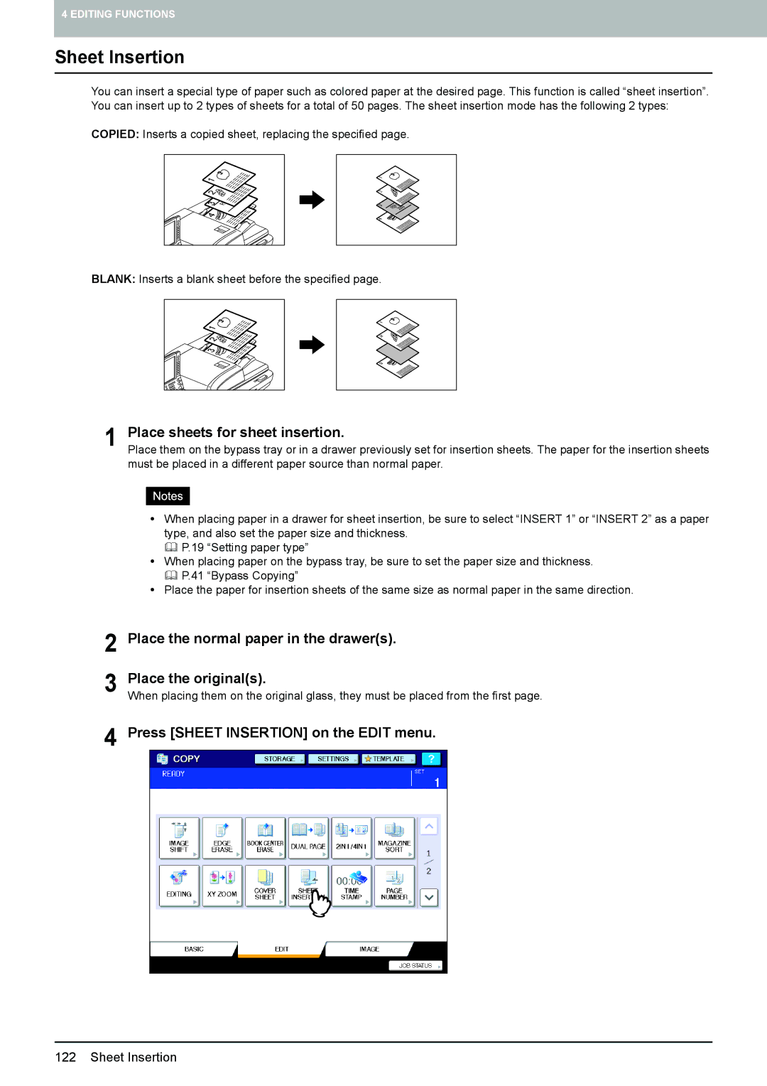 Toshiba 6520c, e-STUDIO5520C manual Sheet Insertion, Place sheets for sheet insertion, Place the normal paper in the drawers 