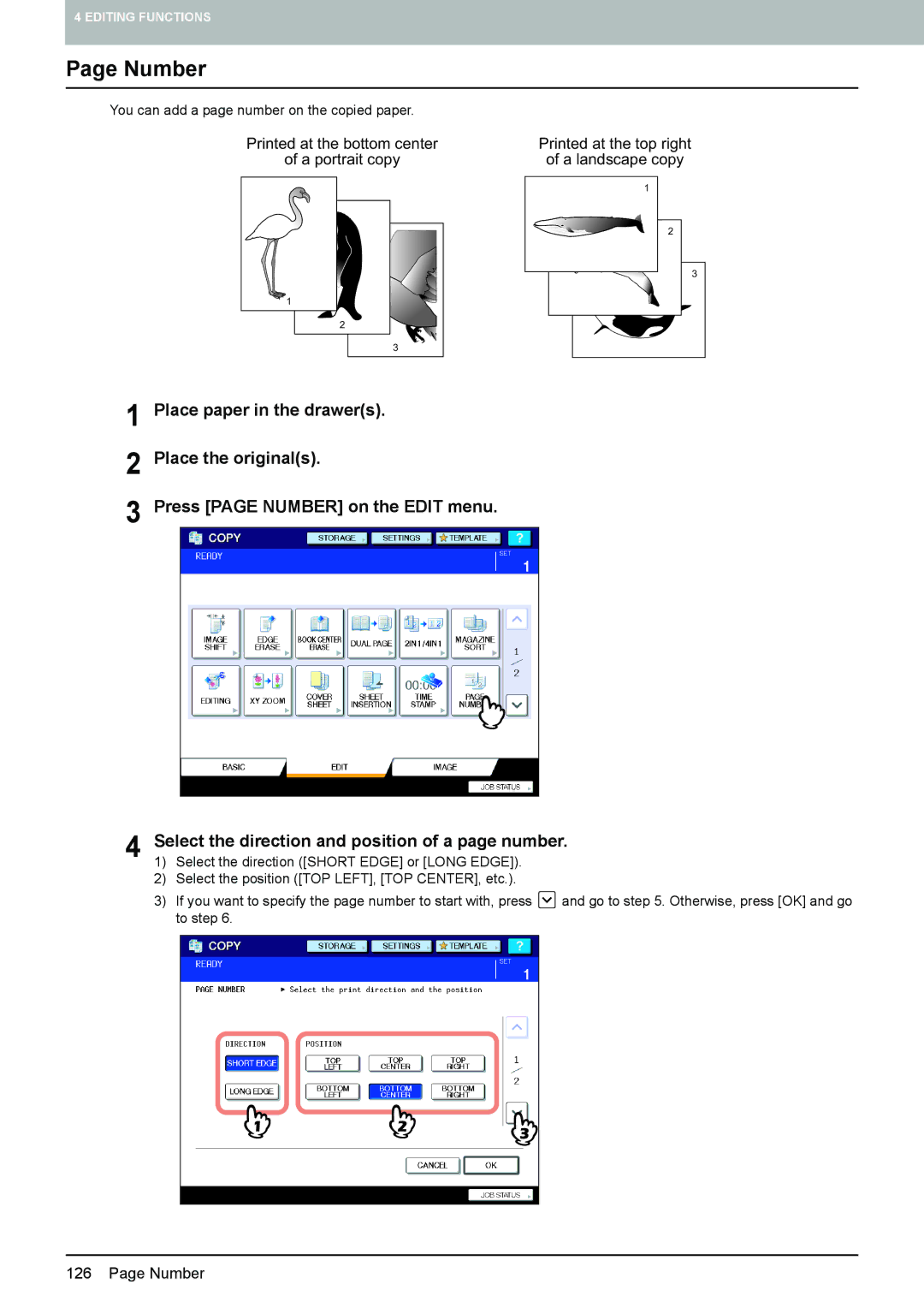 Toshiba 6520c, e-STUDIO5520C manual Number, Select the direction and position of a page number 