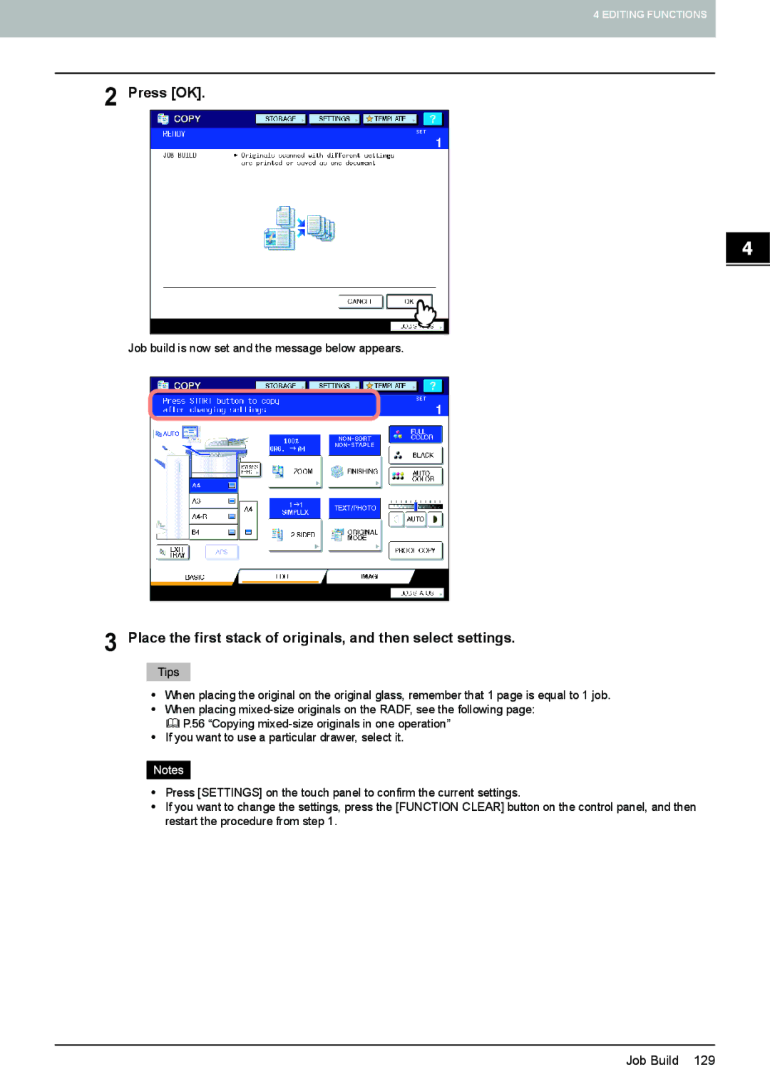 Toshiba e-STUDIO5520C, 6520c manual Place the first stack of originals, and then select settings 