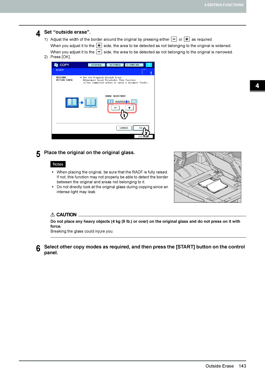 Toshiba e-STUDIO5520C, 6520c manual Set outside erase, Place the original on the original glass 