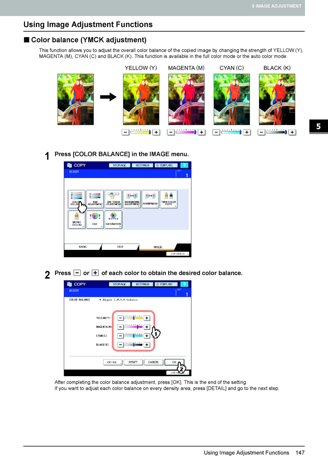 Toshiba e-STUDIO5520C, 6520c manual Using Image Adjustment Functions, „ Color balance Ymck adjustment 