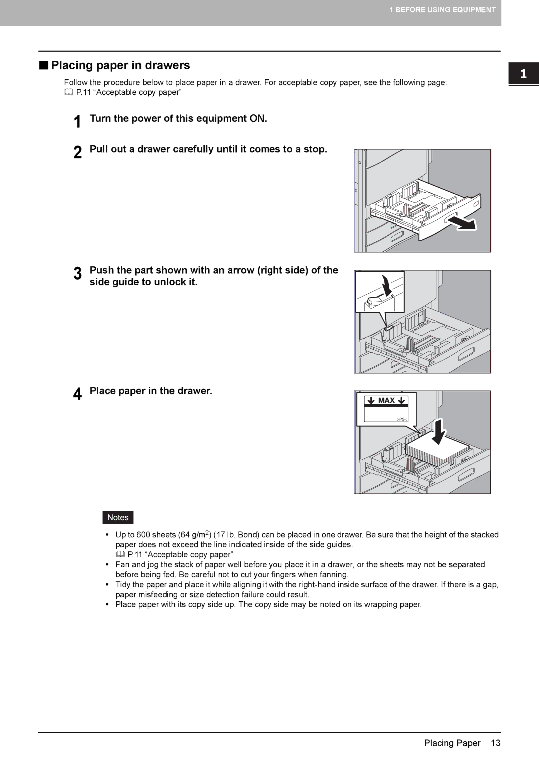 Toshiba e-STUDIO5520C, 6520c manual „ Placing paper in drawers 