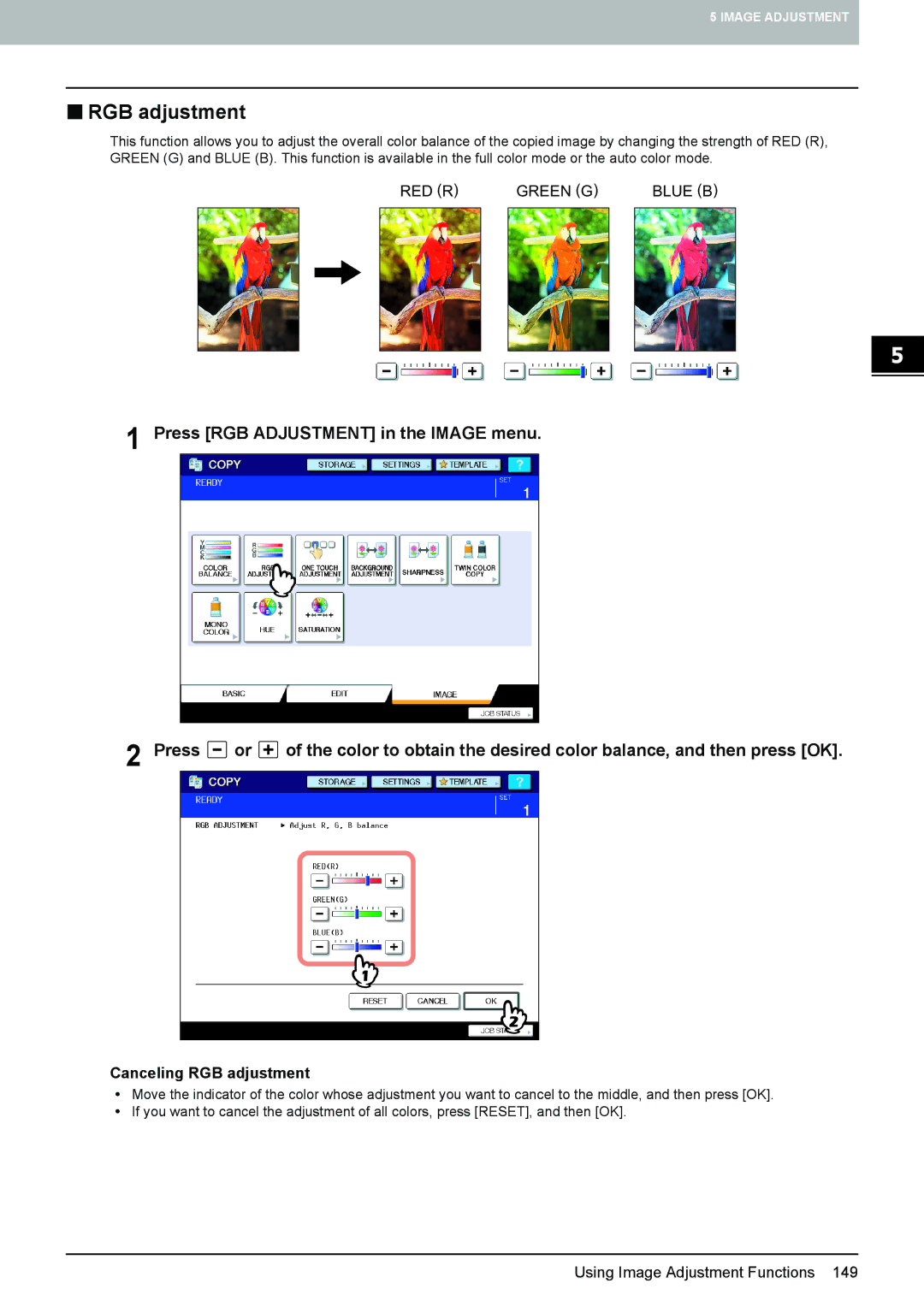 Toshiba e-STUDIO5520C, 6520c manual „ RGB adjustment, Canceling RGB adjustment 