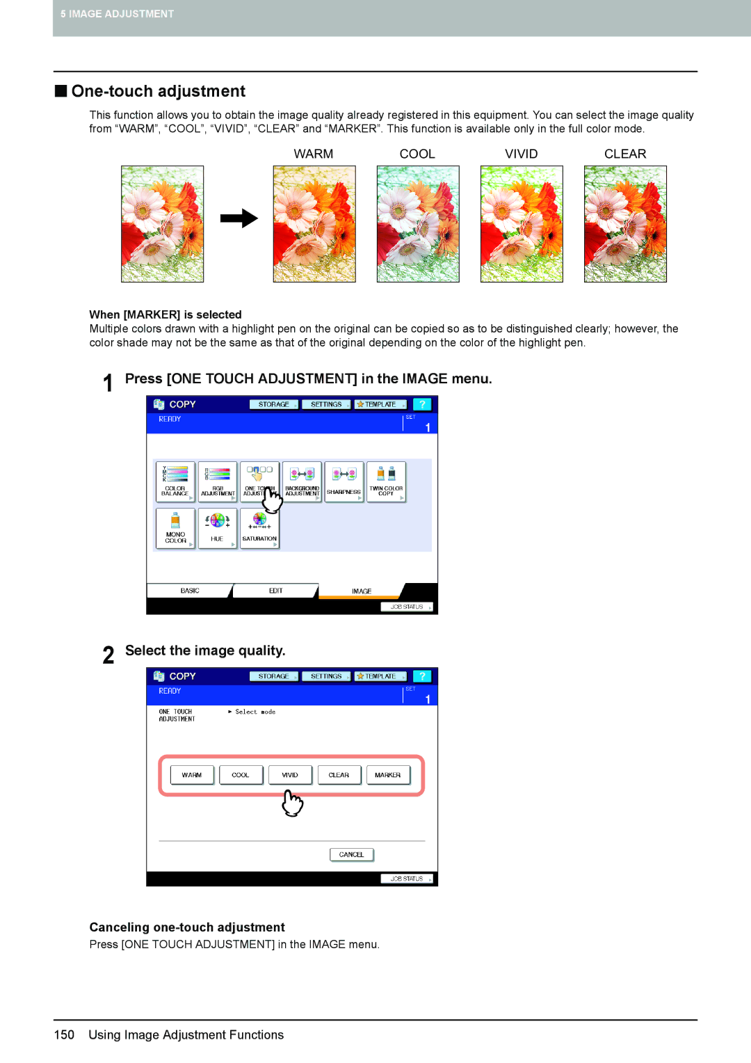 Toshiba 6520c, e-STUDIO5520C manual „ One-touch adjustment, Canceling one-touch adjustment, When Marker is selected 