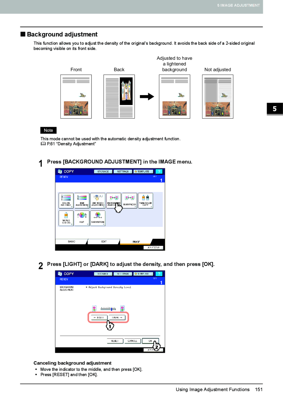 Toshiba e-STUDIO5520C, 6520c manual „ Background adjustment, Canceling background adjustment 
