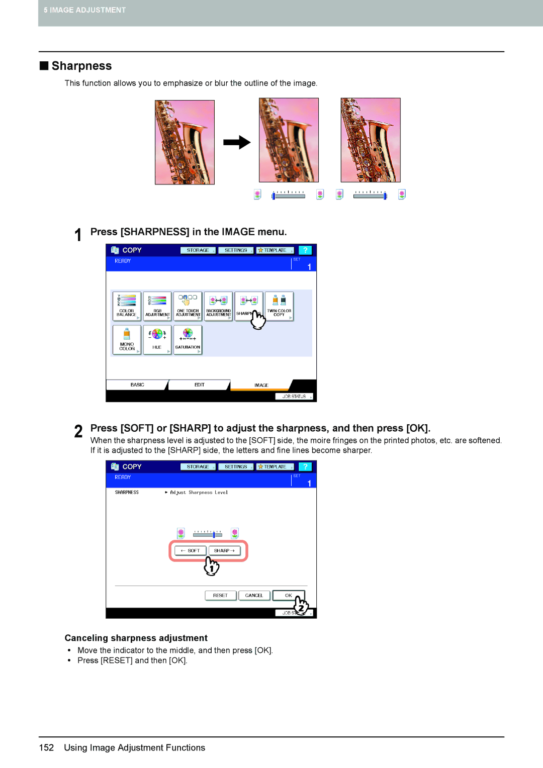 Toshiba 6520c, e-STUDIO5520C manual „ Sharpness, Canceling sharpness adjustment 