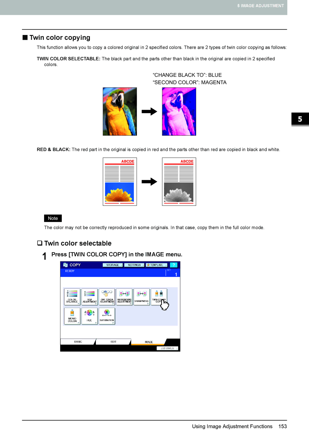 Toshiba e-STUDIO5520C, 6520c manual „ Twin color copying, ‰ Twin color selectable, Press Twin Color Copy in the Image menu 