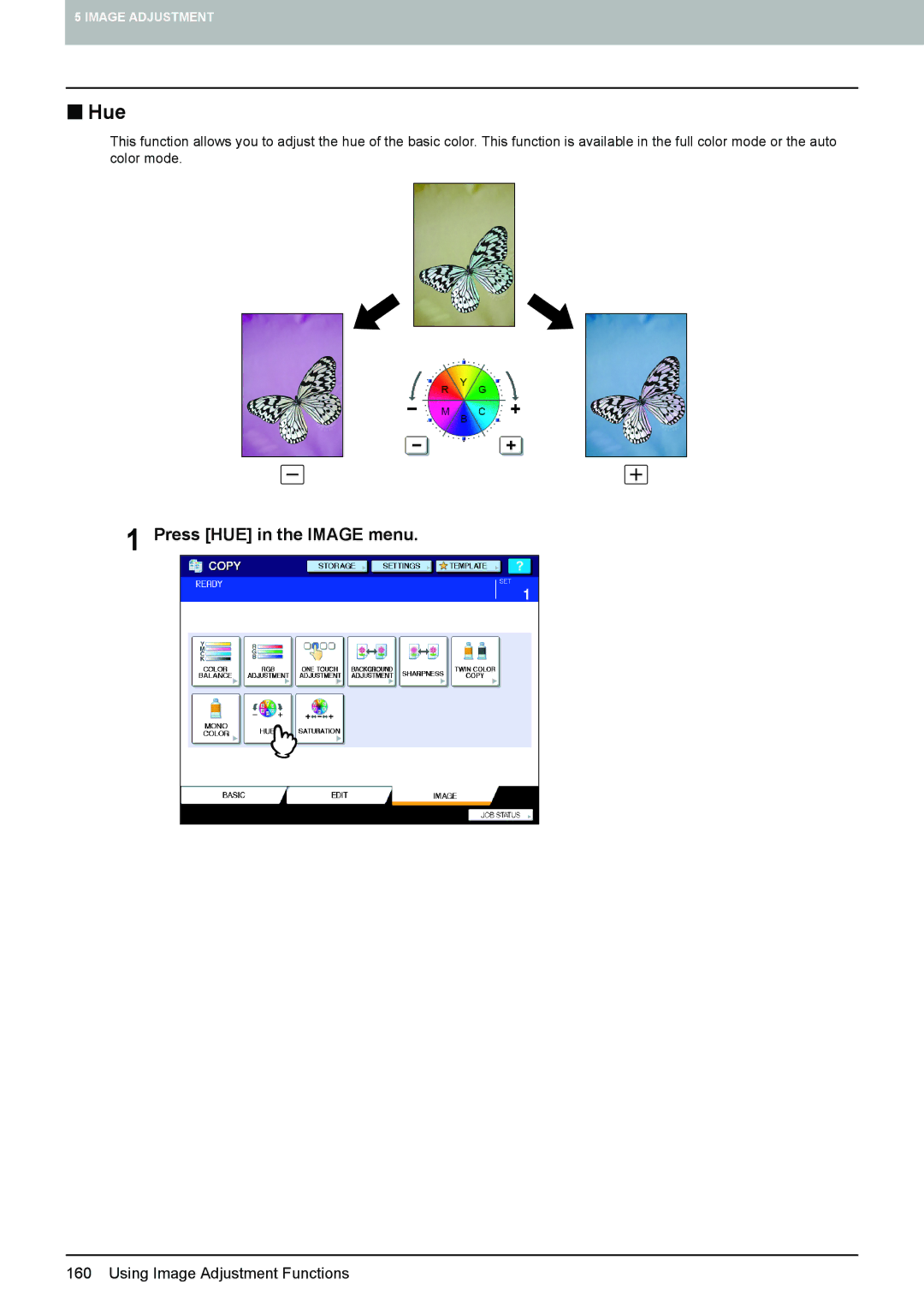 Toshiba 6520c, e-STUDIO5520C manual „ Hue, Press HUE in the Image menu 