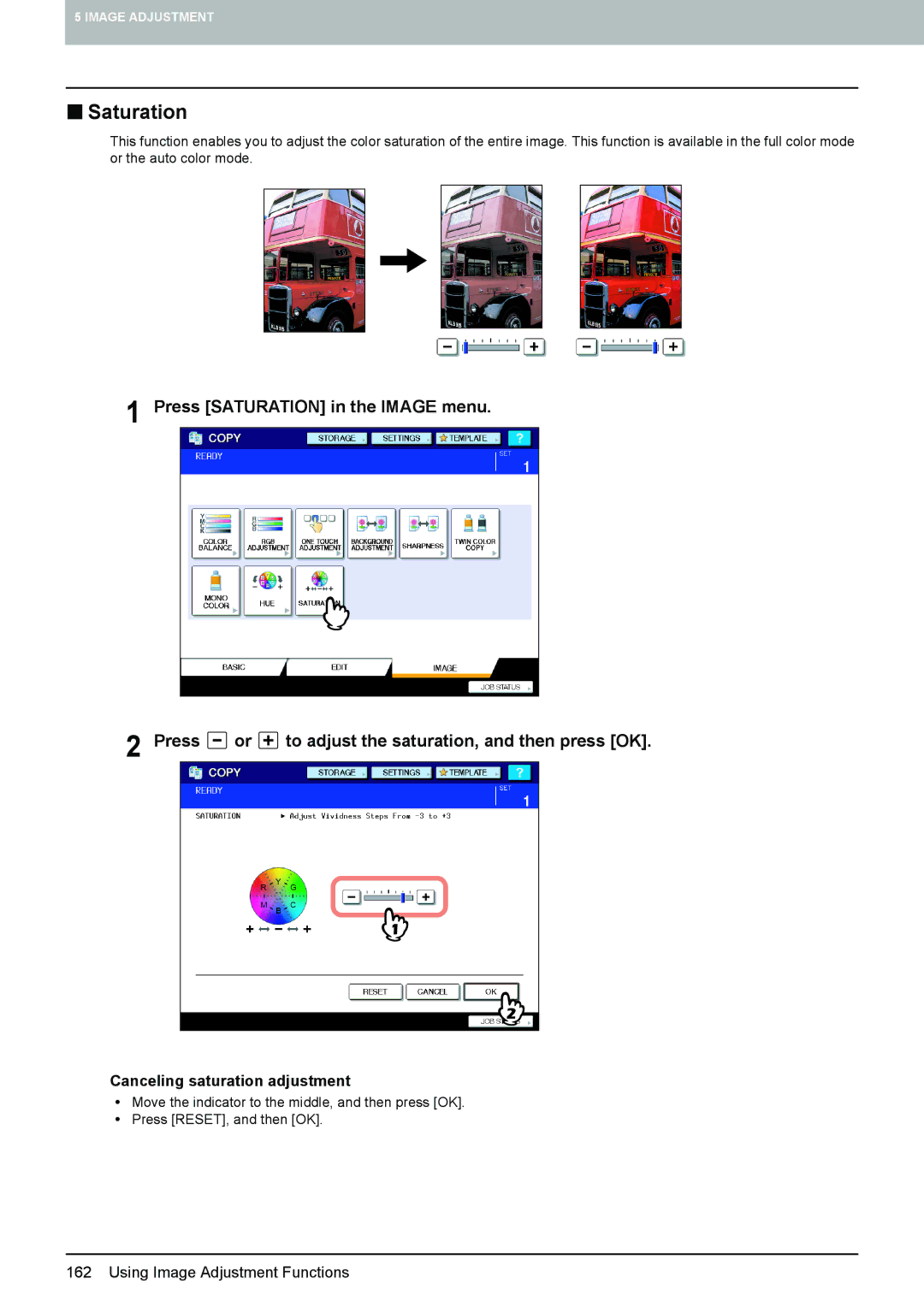 Toshiba 6520c, e-STUDIO5520C manual „ Saturation, Canceling saturation adjustment 