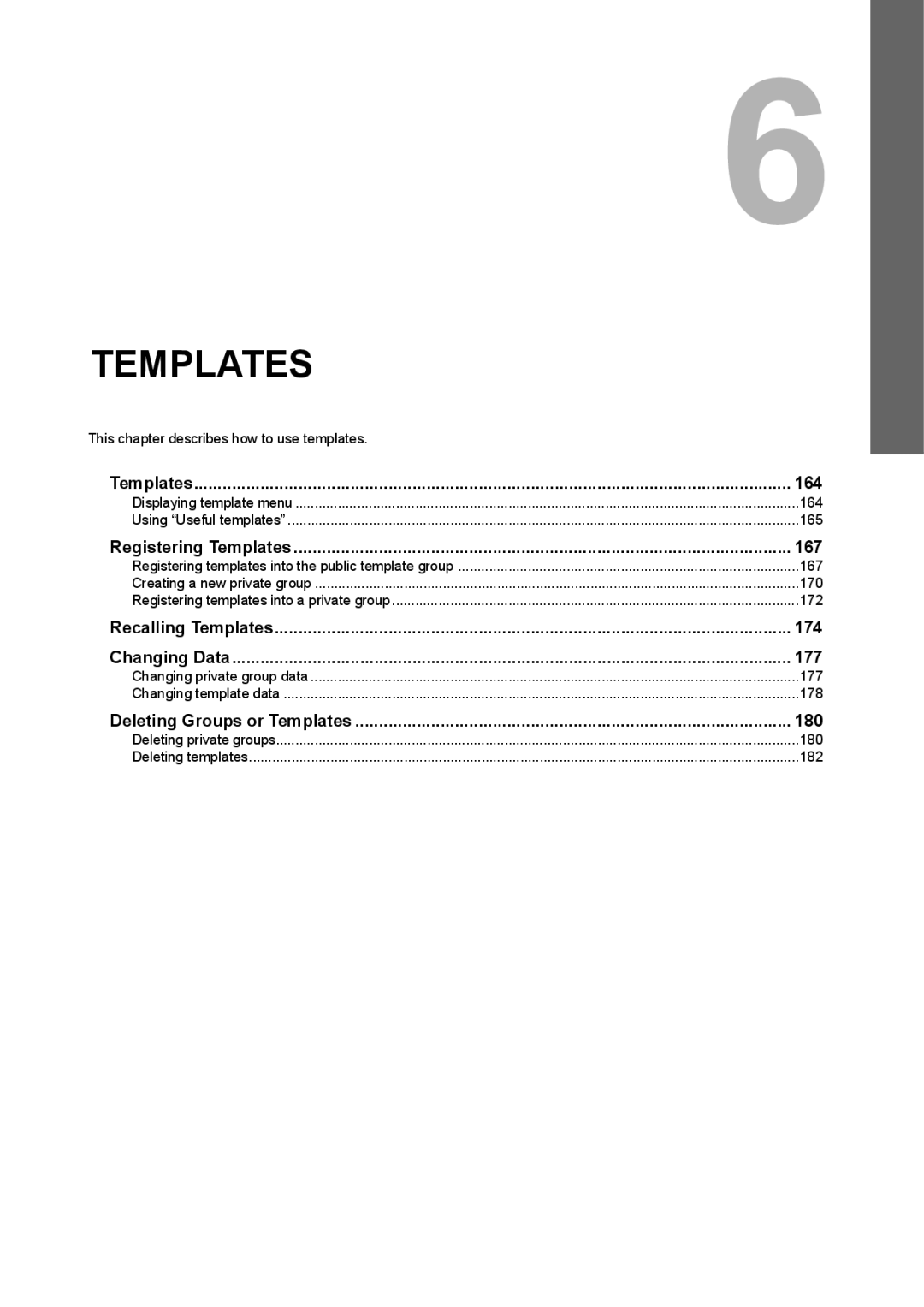 Toshiba e-STUDIO5520C, 6520c manual Templates 164, Registering Templates 167, Recalling Templates 174 Changing Data 177 