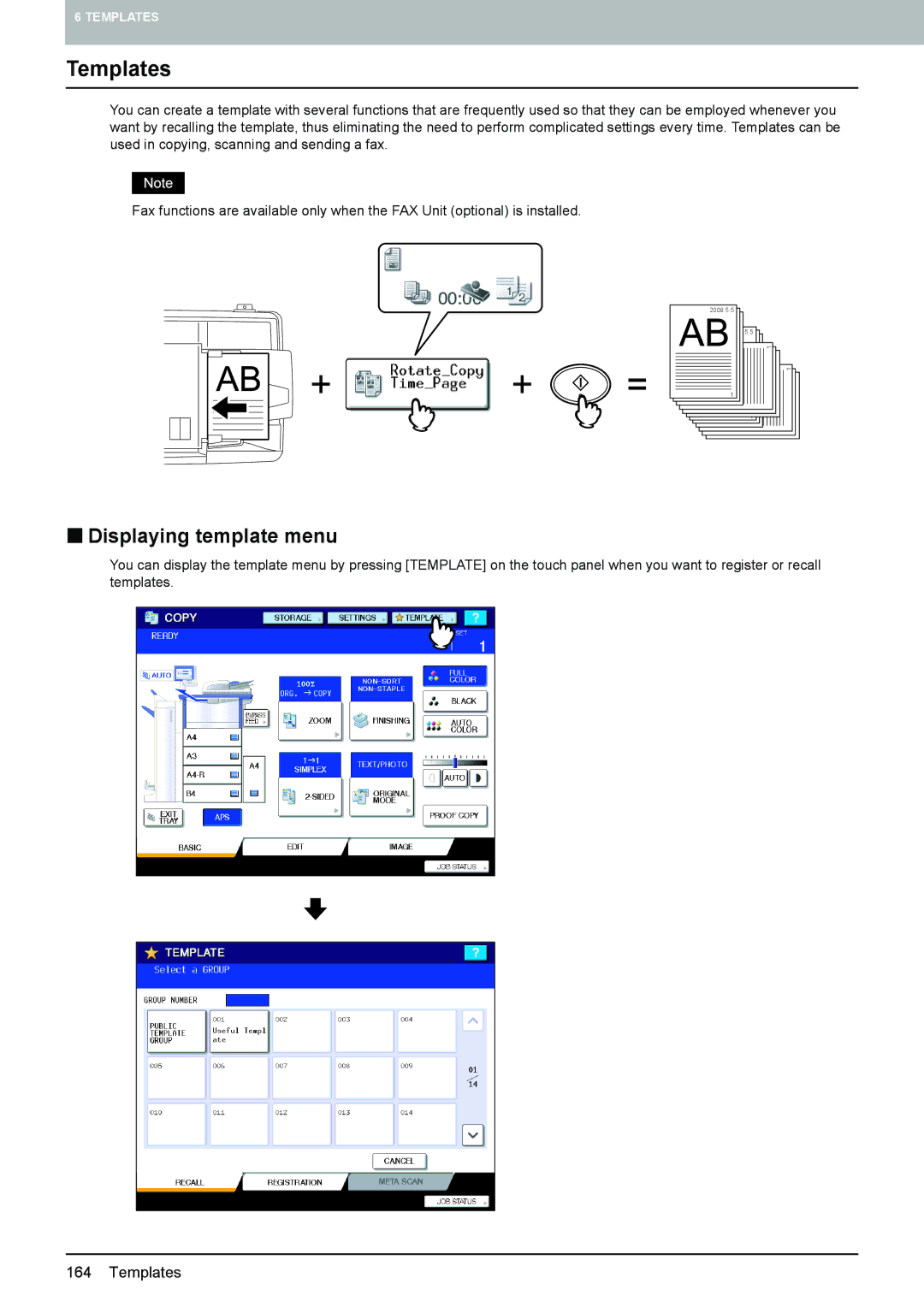 Toshiba 6520c, e-STUDIO5520C manual Templates, „ Displaying template menu 
