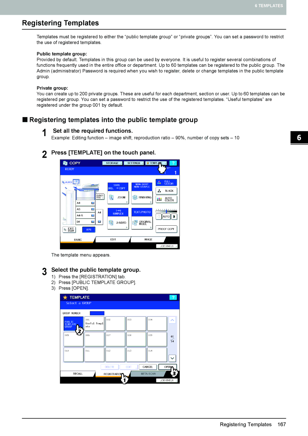 Toshiba e-STUDIO5520C, 6520c manual Registering Templates, „ Registering templates into the public template group 