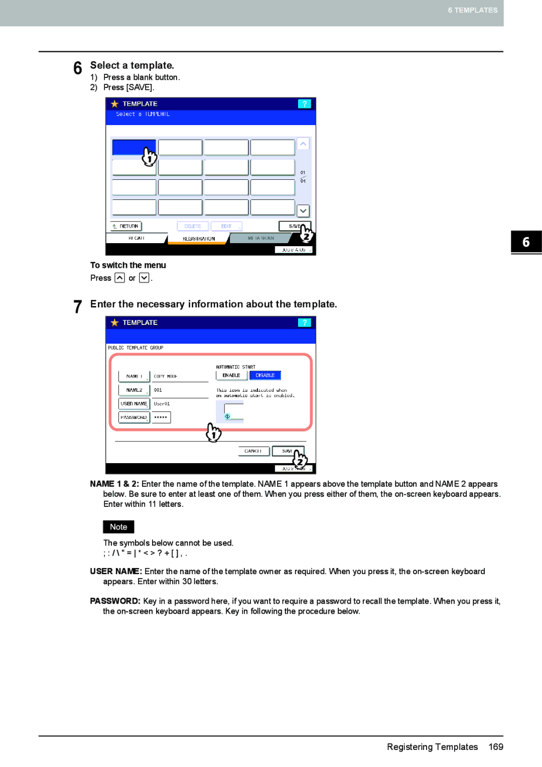 Toshiba e-STUDIO5520C, 6520c Select a template, Enter the necessary information about the template, To switch the menu 