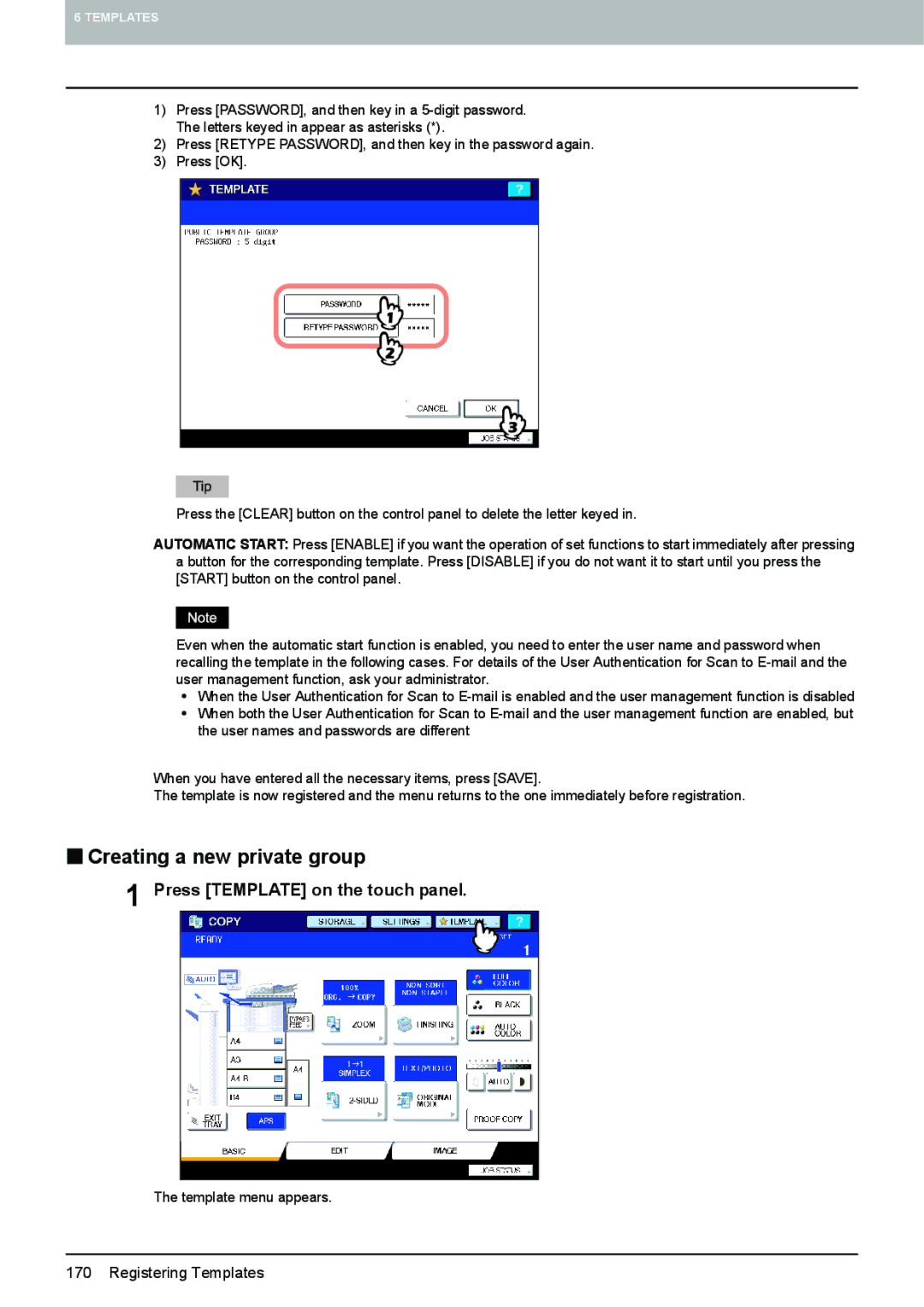 Toshiba 6520c, e-STUDIO5520C manual „ Creating a new private group, Press Template on the touch panel 