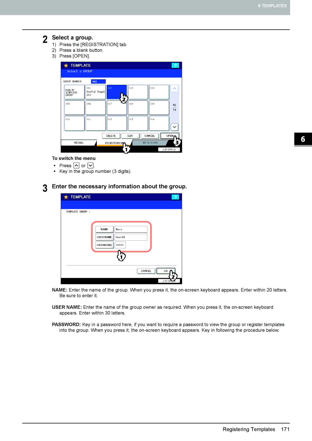 Toshiba e-STUDIO5520C, 6520c manual Select a group, Enter the necessary information about the group 