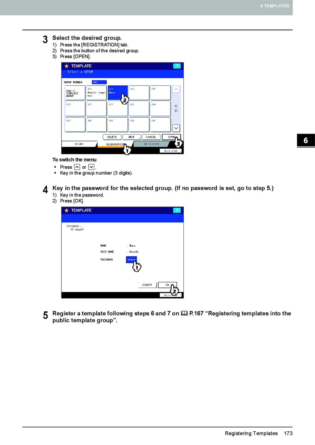 Toshiba e-STUDIO5520C Select the desired group, Register a template following steps 6 and 7 on, Public template group 