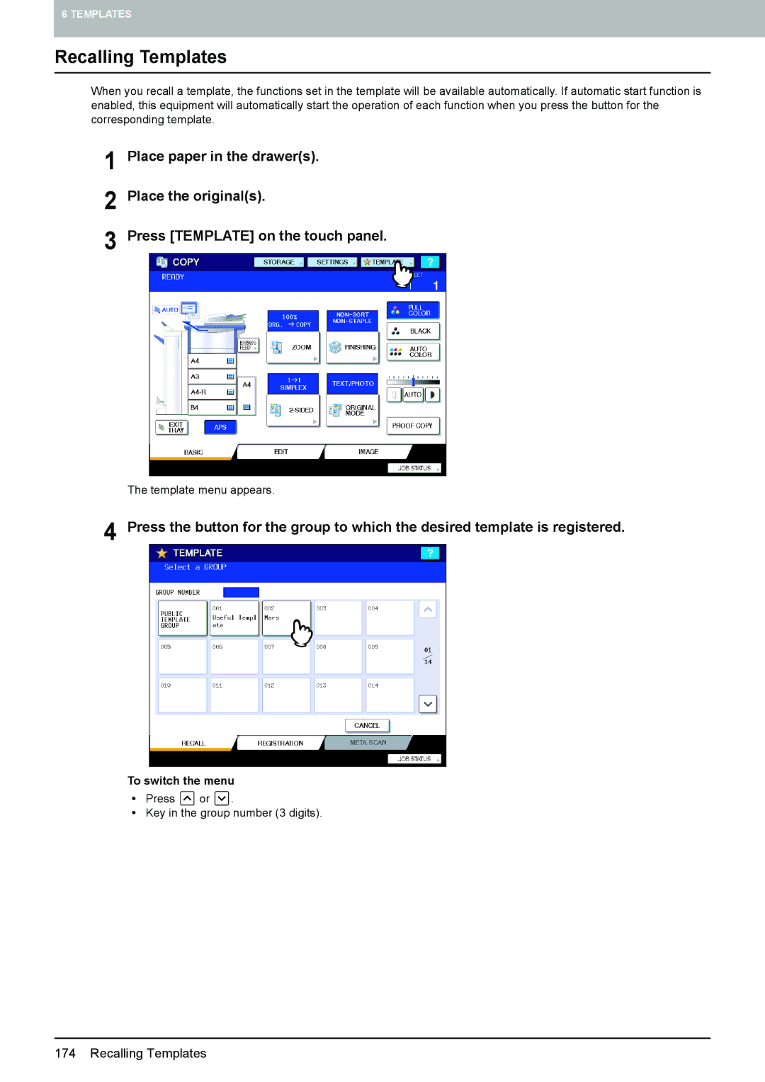 Toshiba 6520c, e-STUDIO5520C manual Recalling Templates 