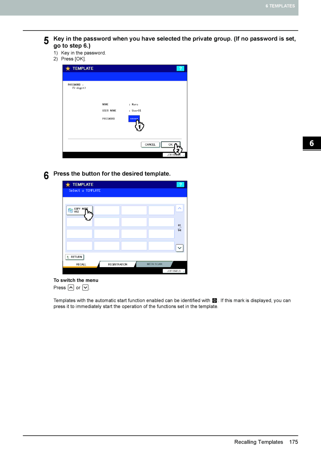 Toshiba e-STUDIO5520C, 6520c manual Press the button for the desired template 