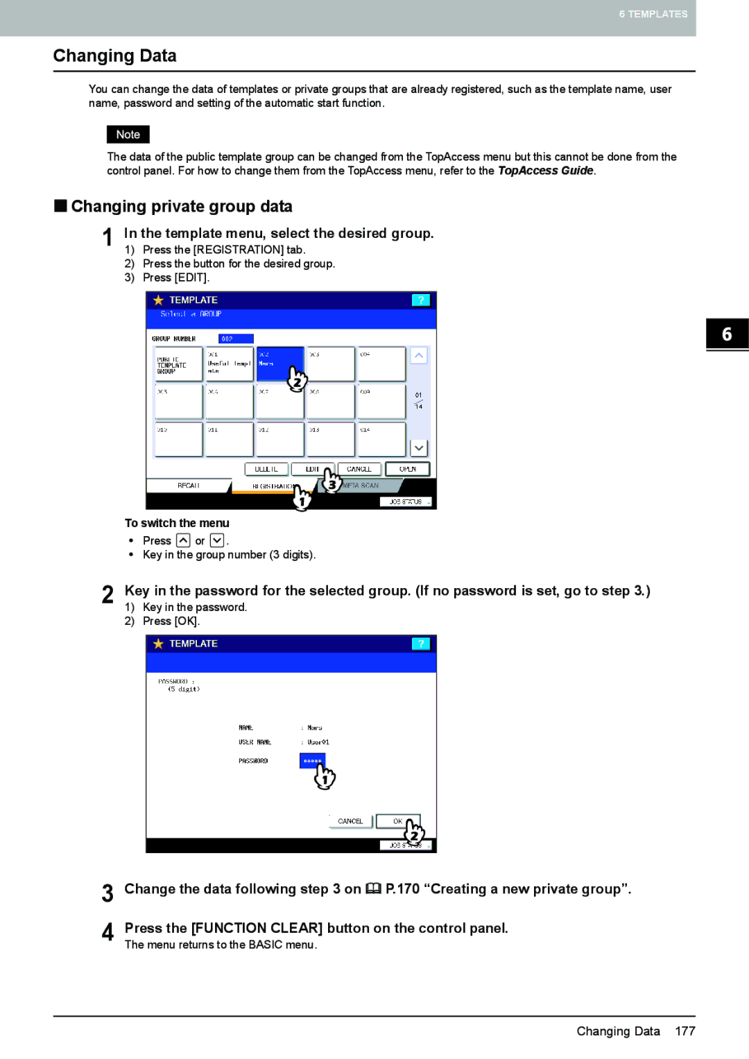 Toshiba e-STUDIO5520C, 6520c manual Changing Data, „ Changing private group data, Template menu, select the desired group 