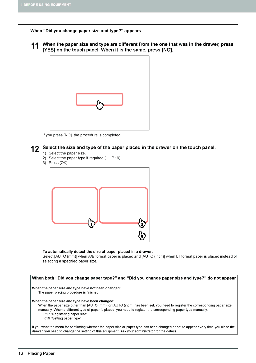 Toshiba 6520c, e-STUDIO5520C manual When Did you change paper size and type? appears 