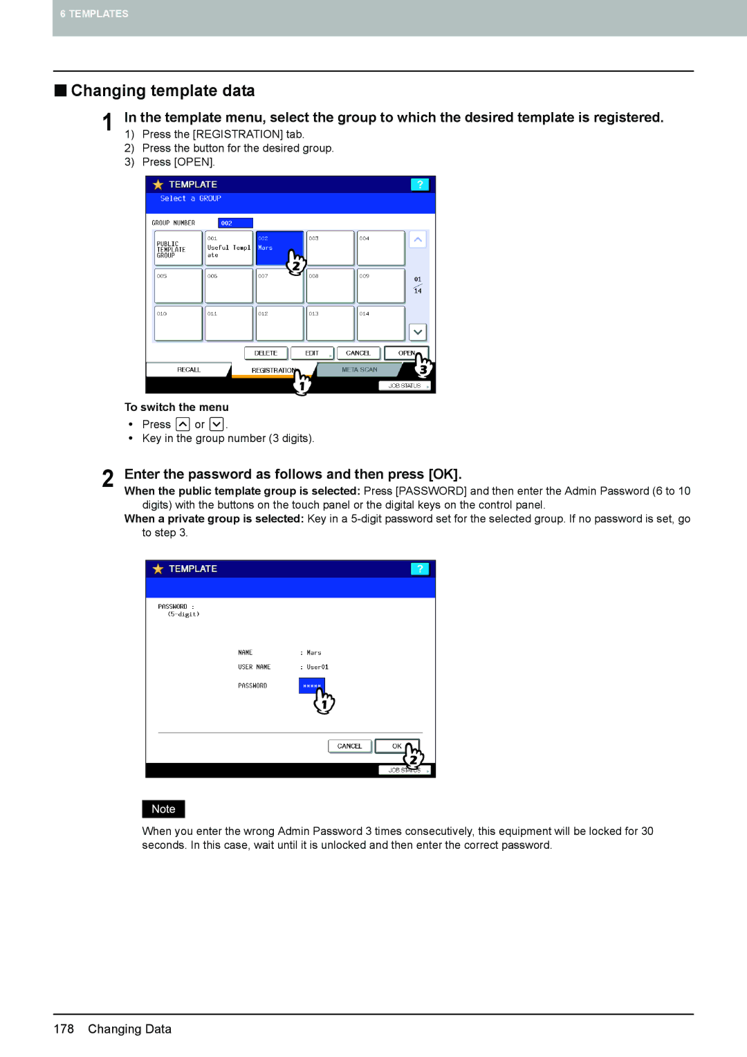 Toshiba 6520c, e-STUDIO5520C manual „ Changing template data, Enter the password as follows and then press OK 