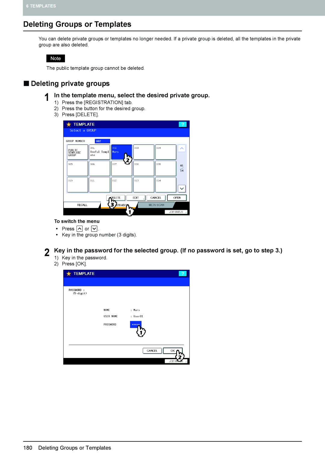 Toshiba 6520c Deleting Groups or Templates, „ Deleting private groups, Template menu, select the desired private group 