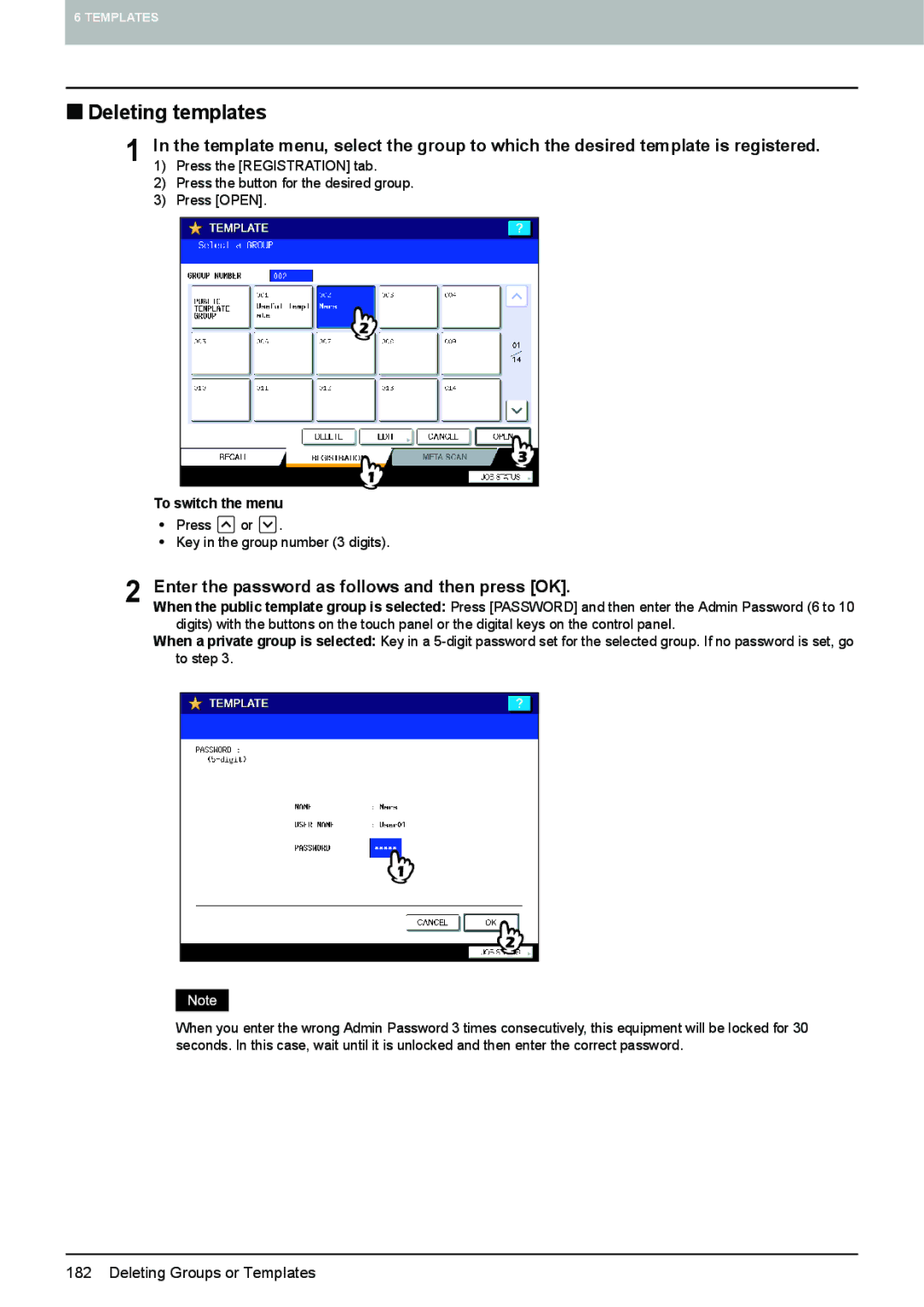 Toshiba 6520c, e-STUDIO5520C manual „ Deleting templates, Enter the password as follows and then press OK 