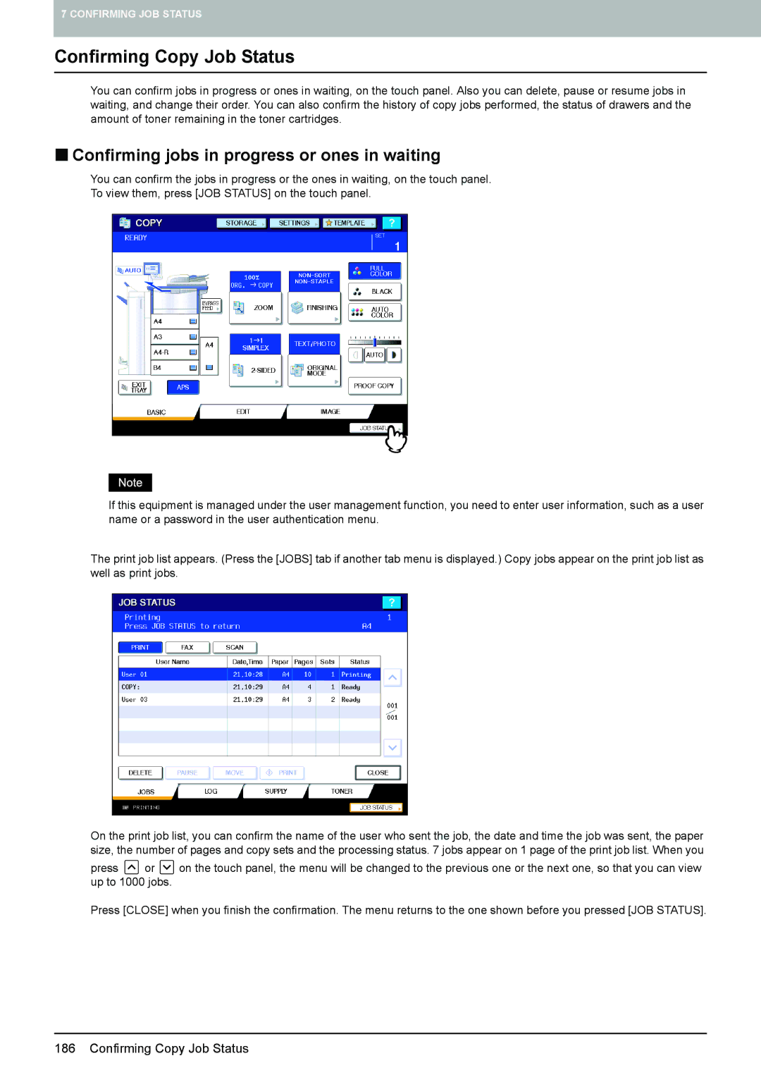 Toshiba 6520c, e-STUDIO5520C manual Confirming Copy Job Status, „ Confirming jobs in progress or ones in waiting 