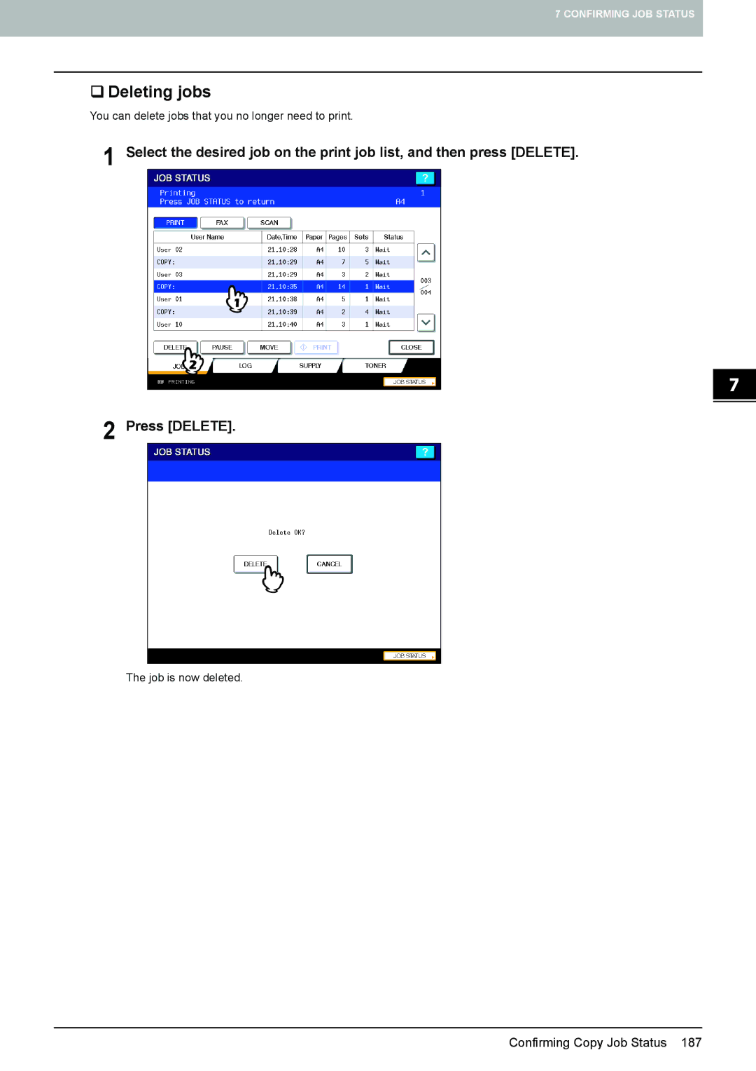 Toshiba e-STUDIO5520C, 6520c manual ‰ Deleting jobs 