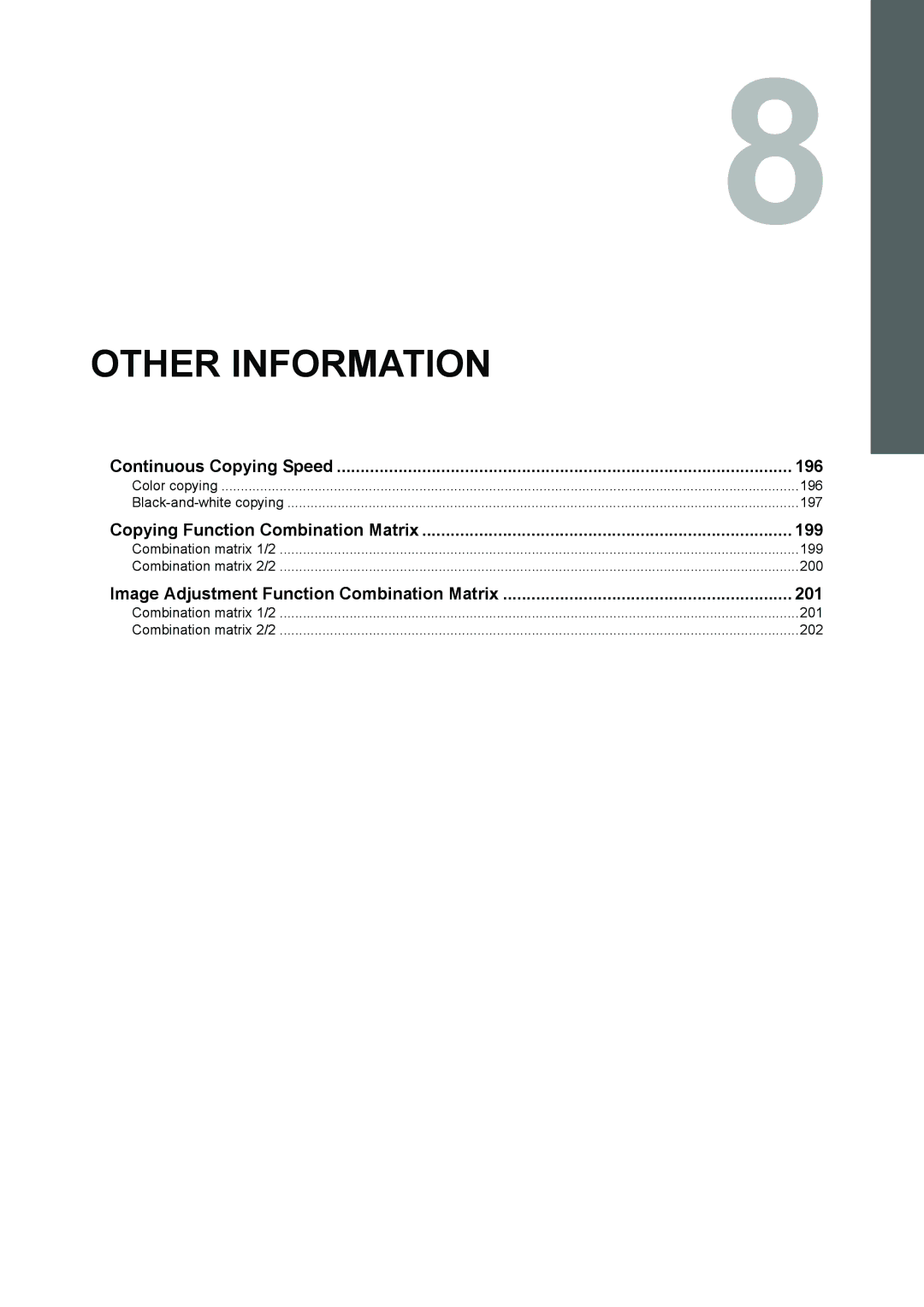 Toshiba e-STUDIO5520C, 6520c manual Continuous Copying Speed 196, Copying Function Combination Matrix 199 
