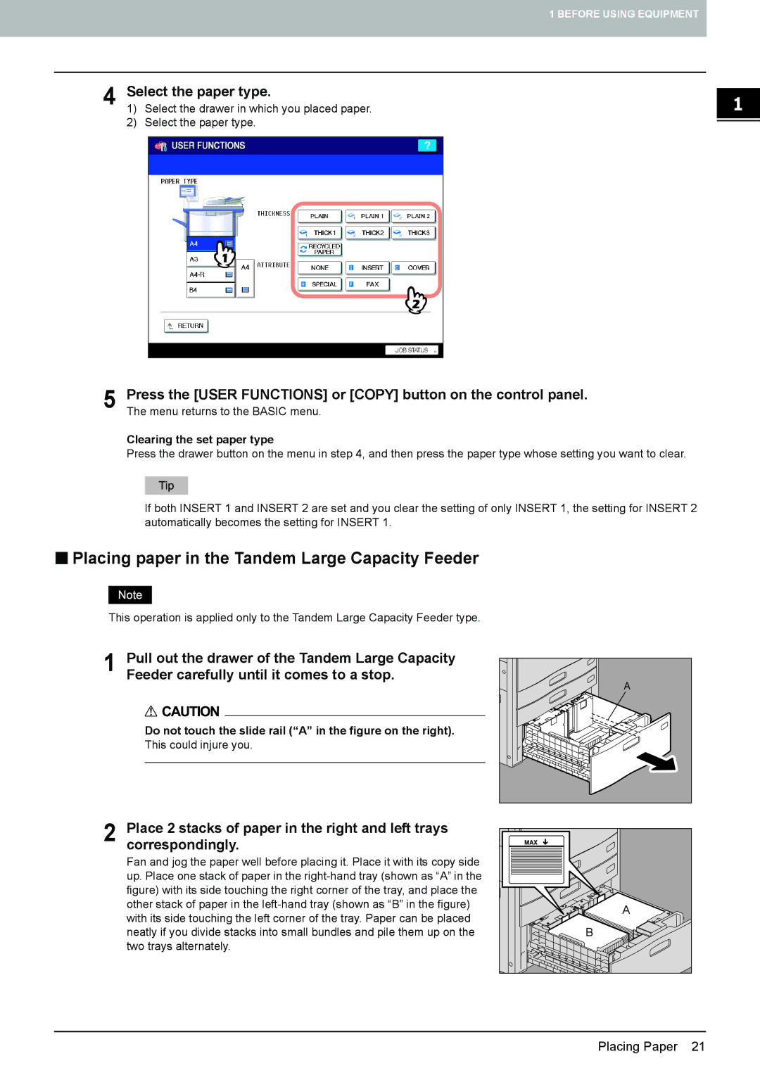 Toshiba e-STUDIO5520C, 6520c manual „ Placing paper in the Tandem Large Capacity Feeder, Select the paper type 