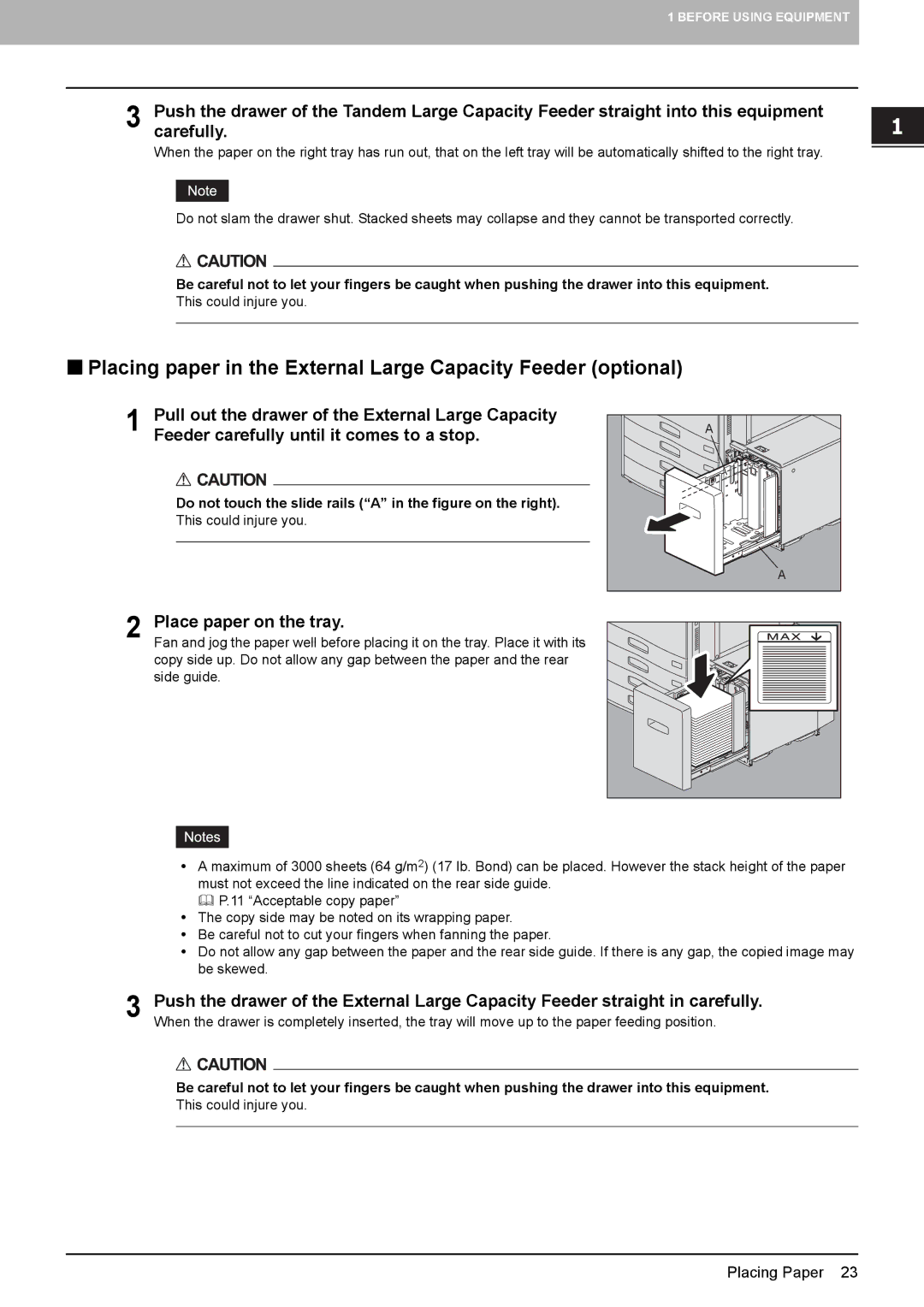 Toshiba e-STUDIO5520C, 6520c manual Place paper on the tray, Do not touch the slide rails a in the figure on the right 