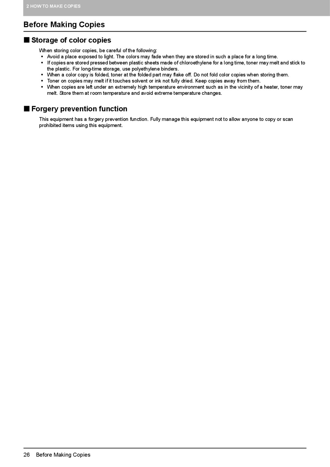 Toshiba 6520c, e-STUDIO5520C manual Before Making Copies, „ Storage of color copies, „ Forgery prevention function 