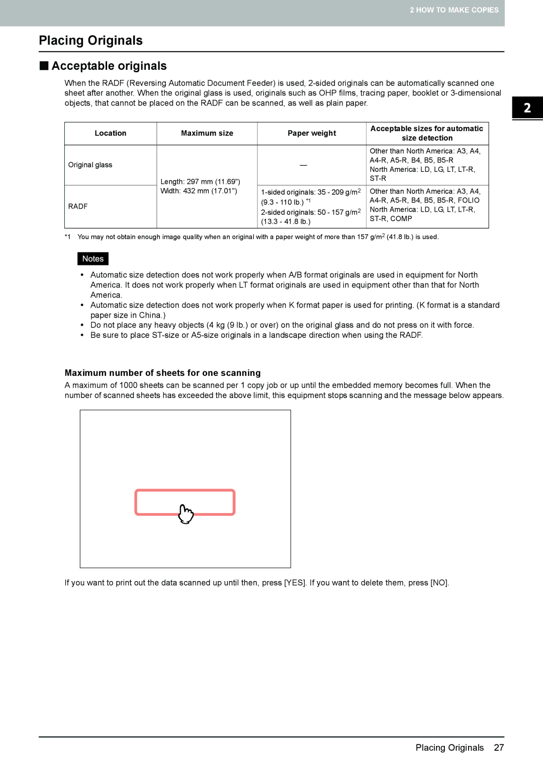 Toshiba e-STUDIO5520C, 6520c manual Placing Originals, „ Acceptable originals, Maximum number of sheets for one scanning 