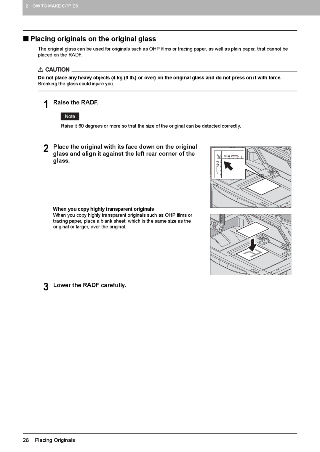 Toshiba 6520c, e-STUDIO5520C manual „ Placing originals on the original glass, Raise the Radf, Lower the Radf carefully 