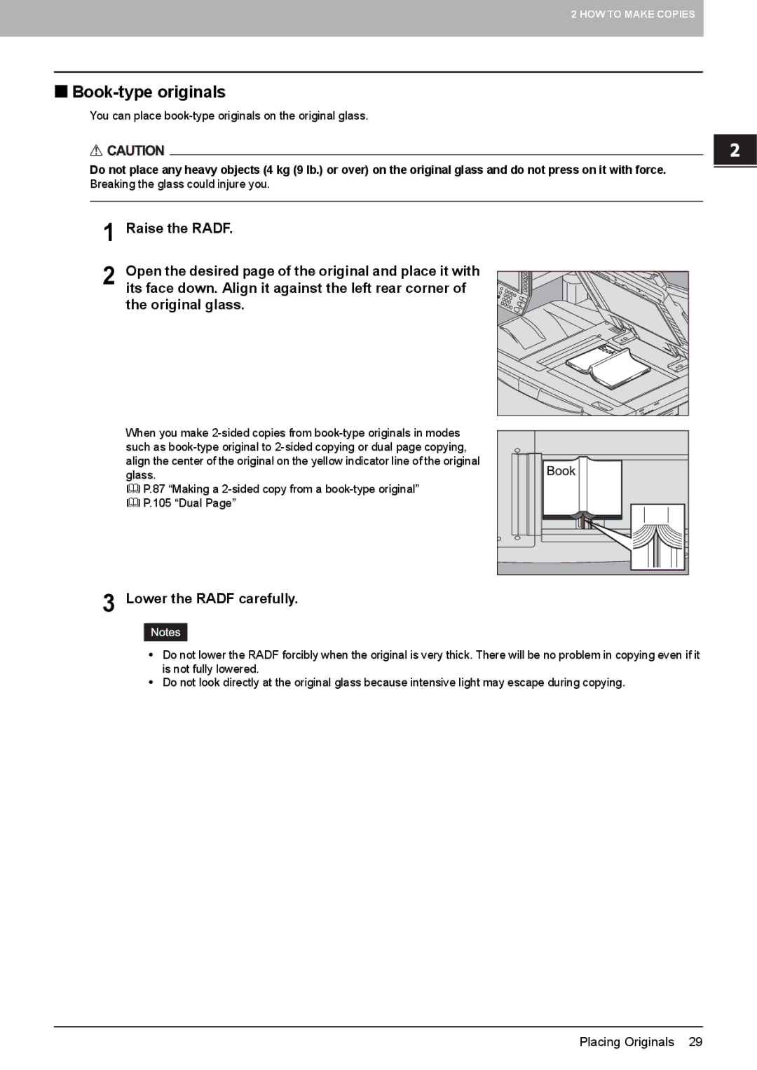 Toshiba e-STUDIO5520C, 6520c „ Book-type originals, Its face down. Align it against the left rear corner, Original glass 