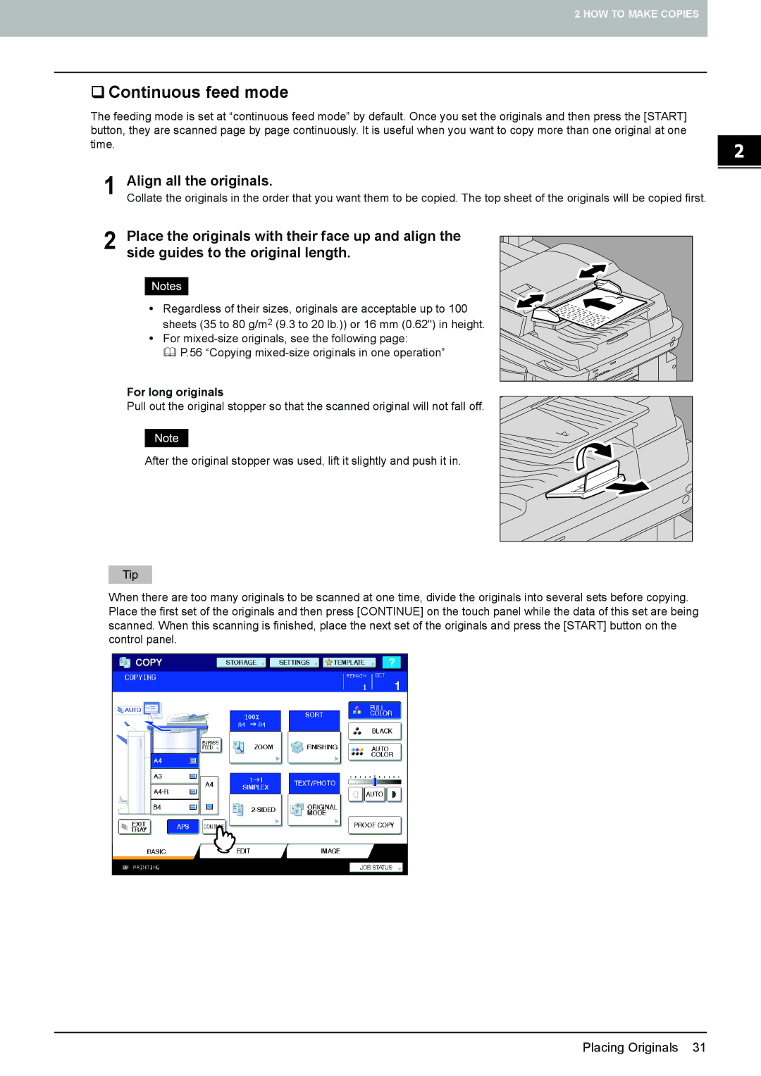 Toshiba e-STUDIO5520C, 6520c manual ‰ Continuous feed mode, Align all the originals, For long originals 