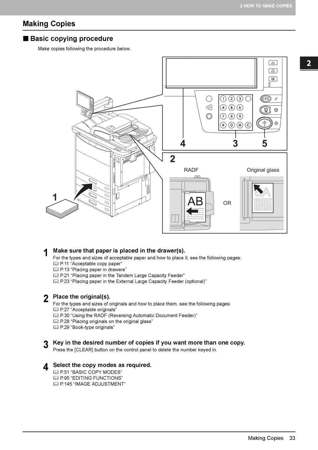 Toshiba e-STUDIO5520C, 6520c manual Making Copies, „ Basic copying procedure, Make sure that paper is placed in the drawers 