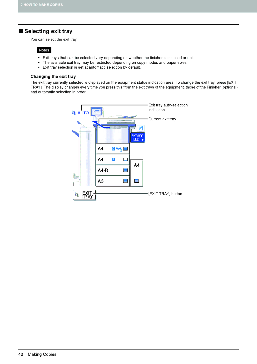 Toshiba 6520c, e-STUDIO5520C manual „ Selecting exit tray, Changing the exit tray 