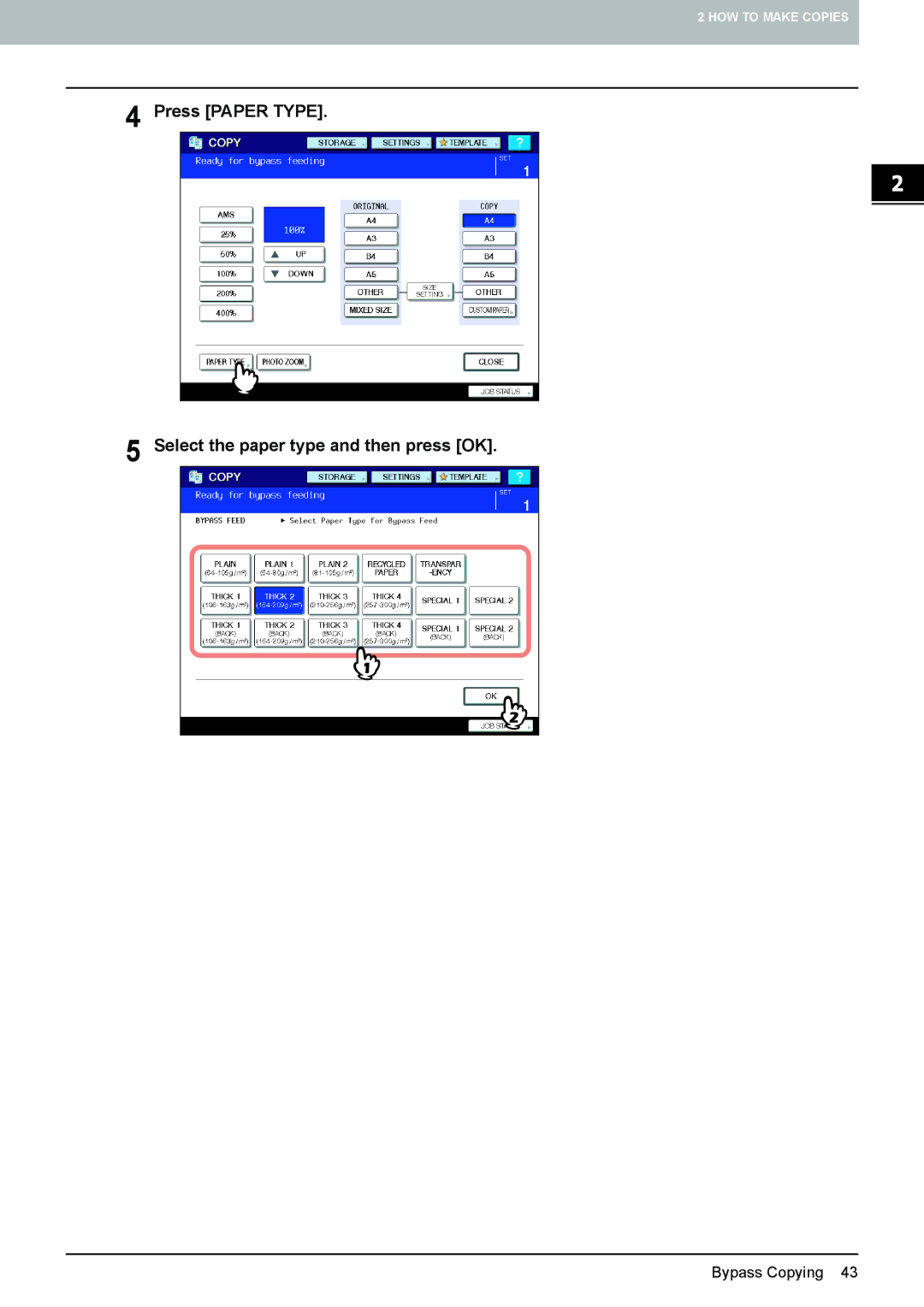 Toshiba e-STUDIO5520C, 6520c manual Press Paper Type Select the paper type and then press OK 