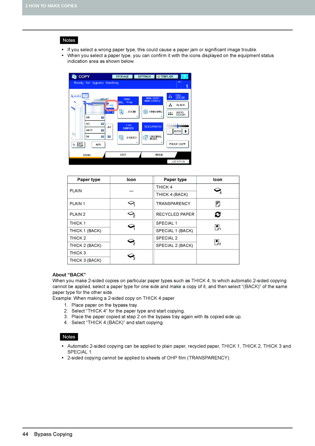 Toshiba 6520c, e-STUDIO5520C manual About Back, Paper type Icon 