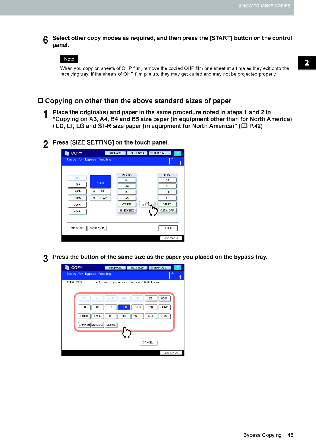 Toshiba e-STUDIO5520C, 6520c manual ‰ Copying on other than the above standard sizes of paper 