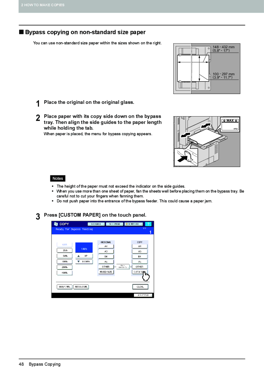 Toshiba 6520c, e-STUDIO5520C manual „ Bypass copying on non-standard size paper, Press Custom Paper on the touch panel 